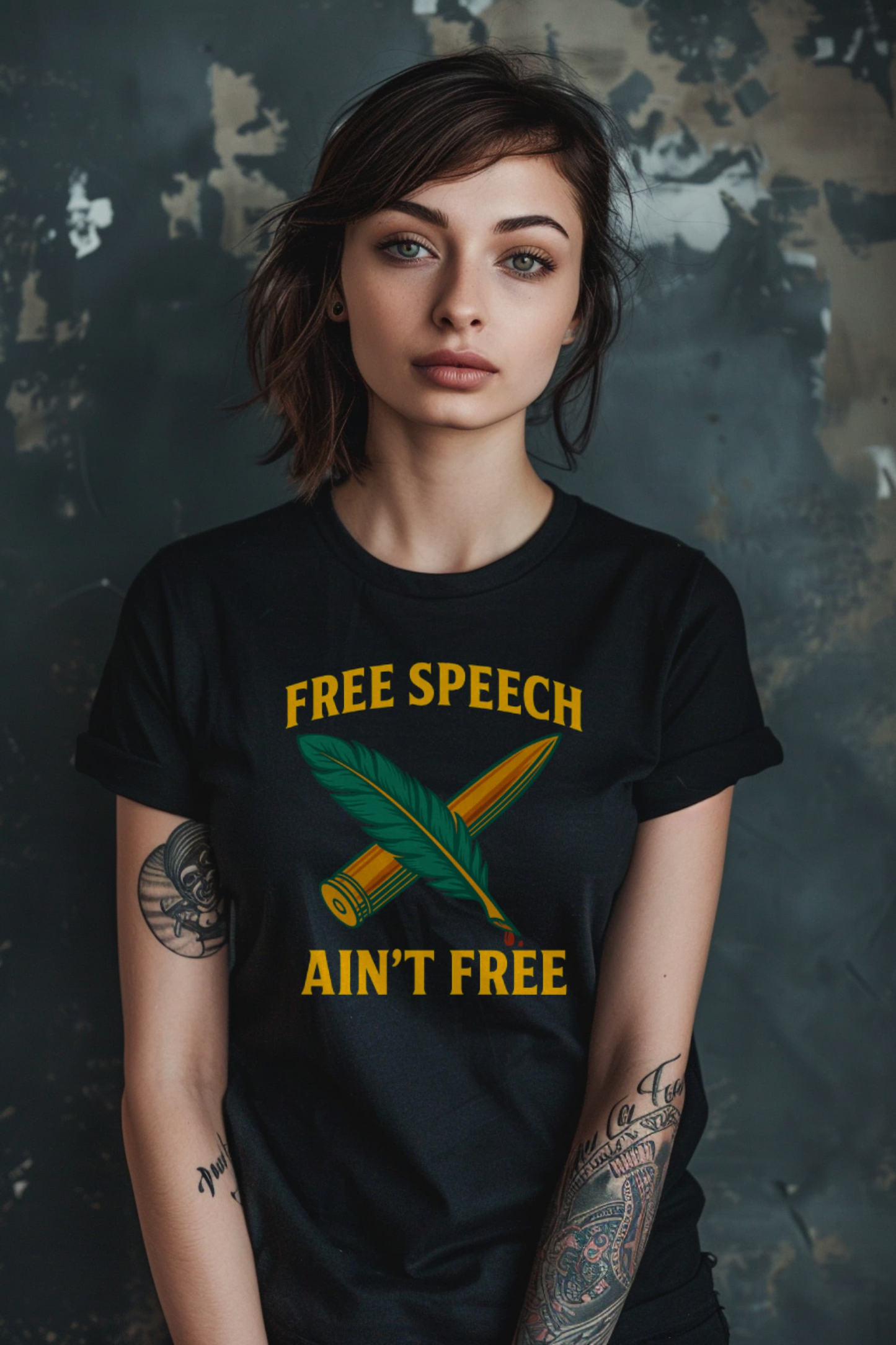 Woman wearing Free Speech Ain’t Free t-shirt in black with bold protest design