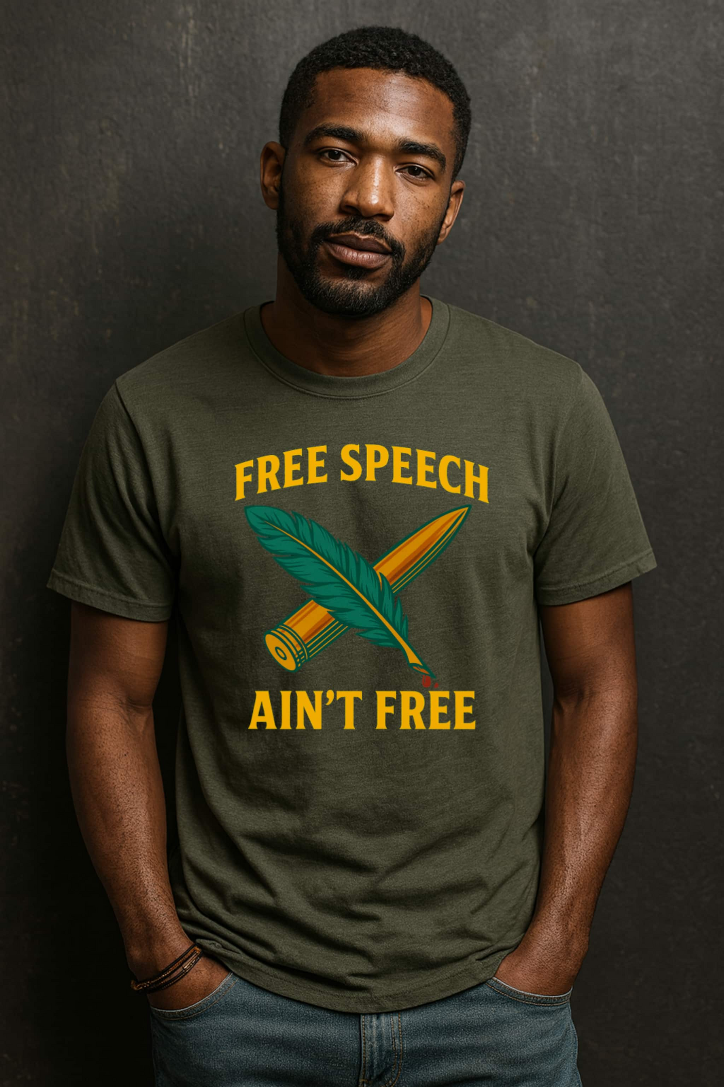 Man wearing Free Speech Ain’t Free t-shirt in military green with protest slogan and graphic design