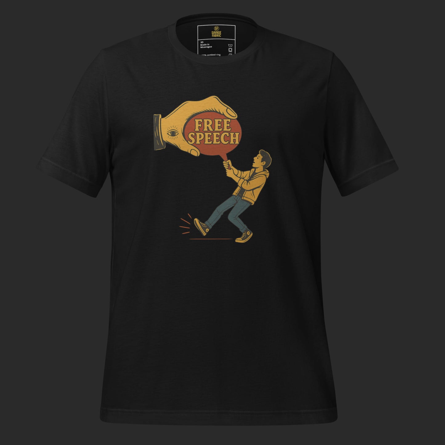 Black studio mockup of Free Speech graphic t-shirt, bold activist design centered on chest.