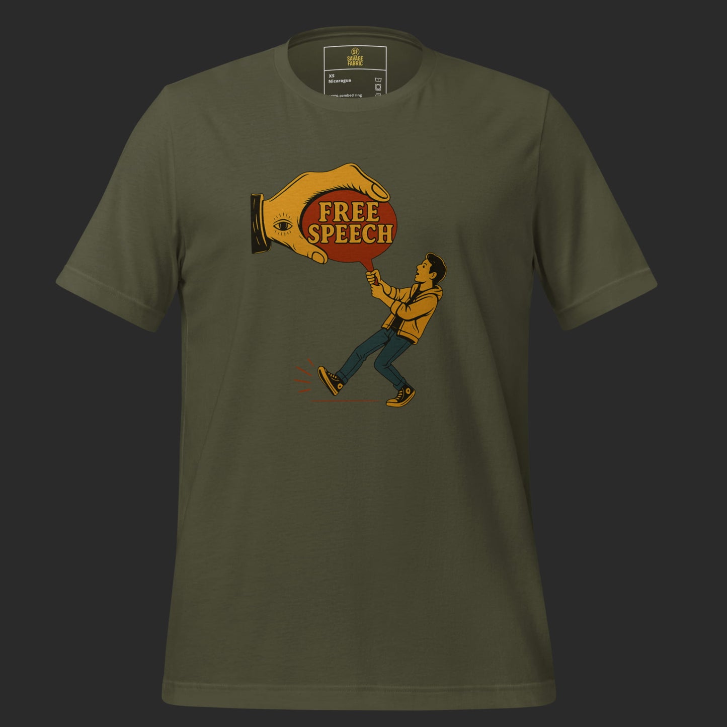 Military green t-shirt featuring Free Speech protest graphic, rugged activist style design.