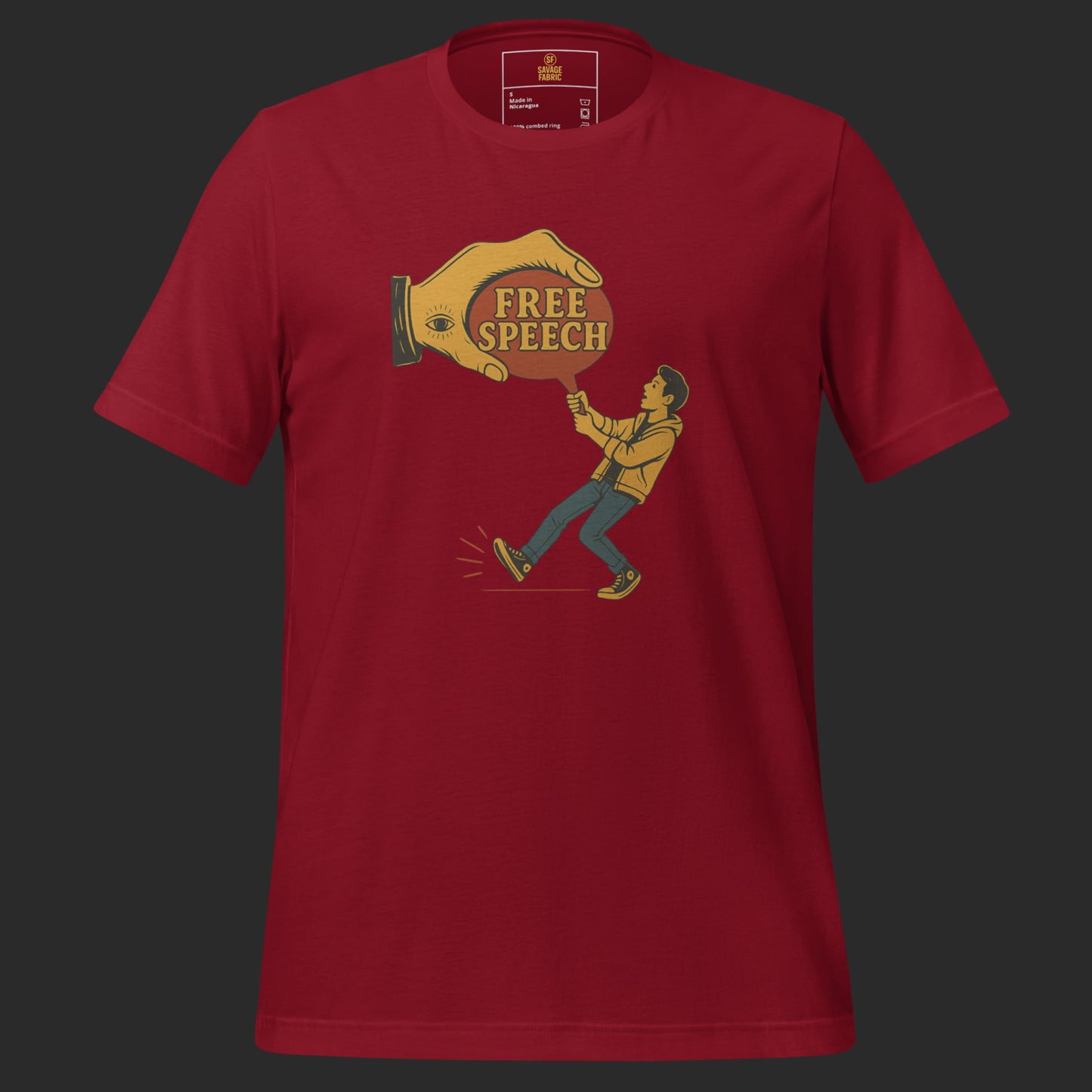 Red t-shirt with Free Speech protest graphic design, bold contrasting colors for a statement look.