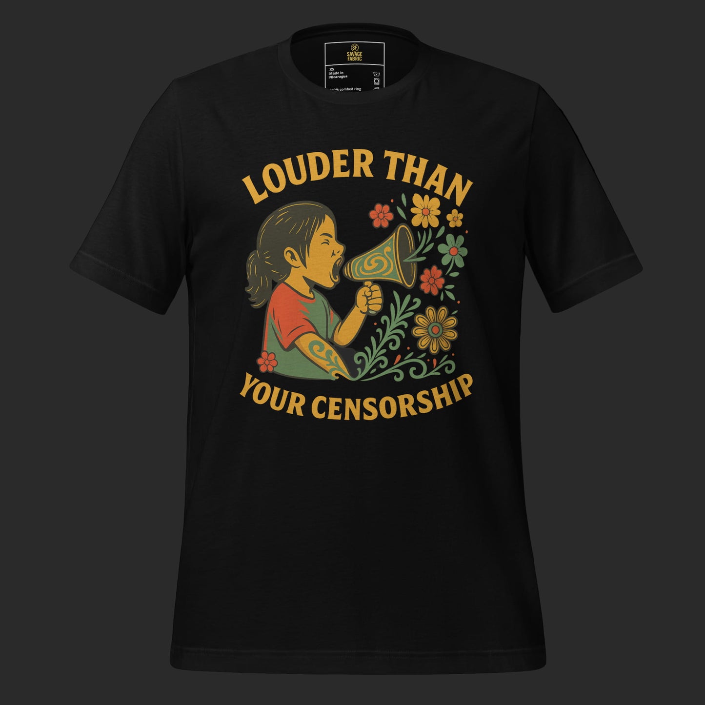 Black Louder Than Your Censorship t-shirt with bold protest graphic and megaphone design