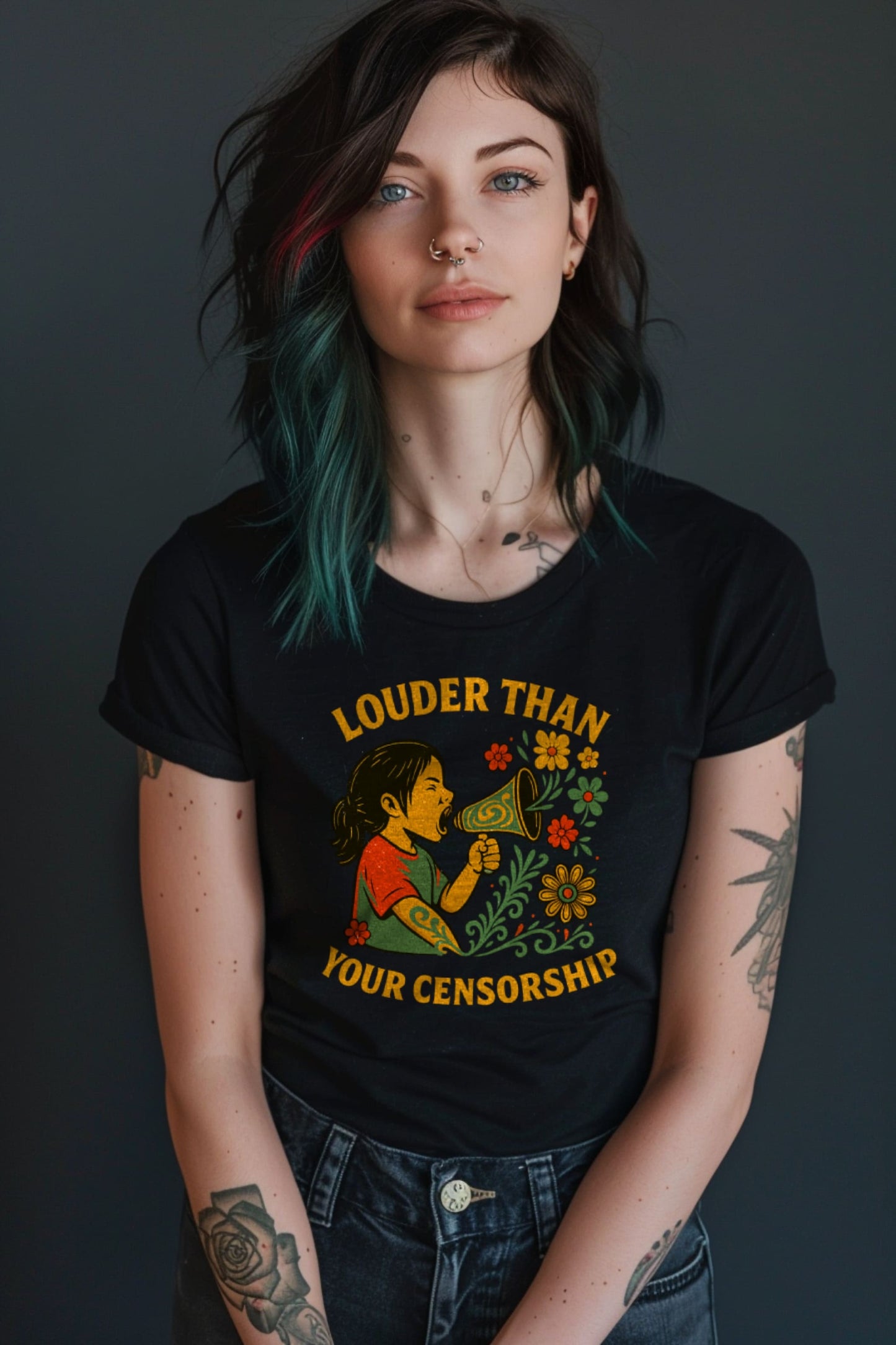 Woman wearing Louder Than Your Censorship t-shirt in black with bold statement protest design