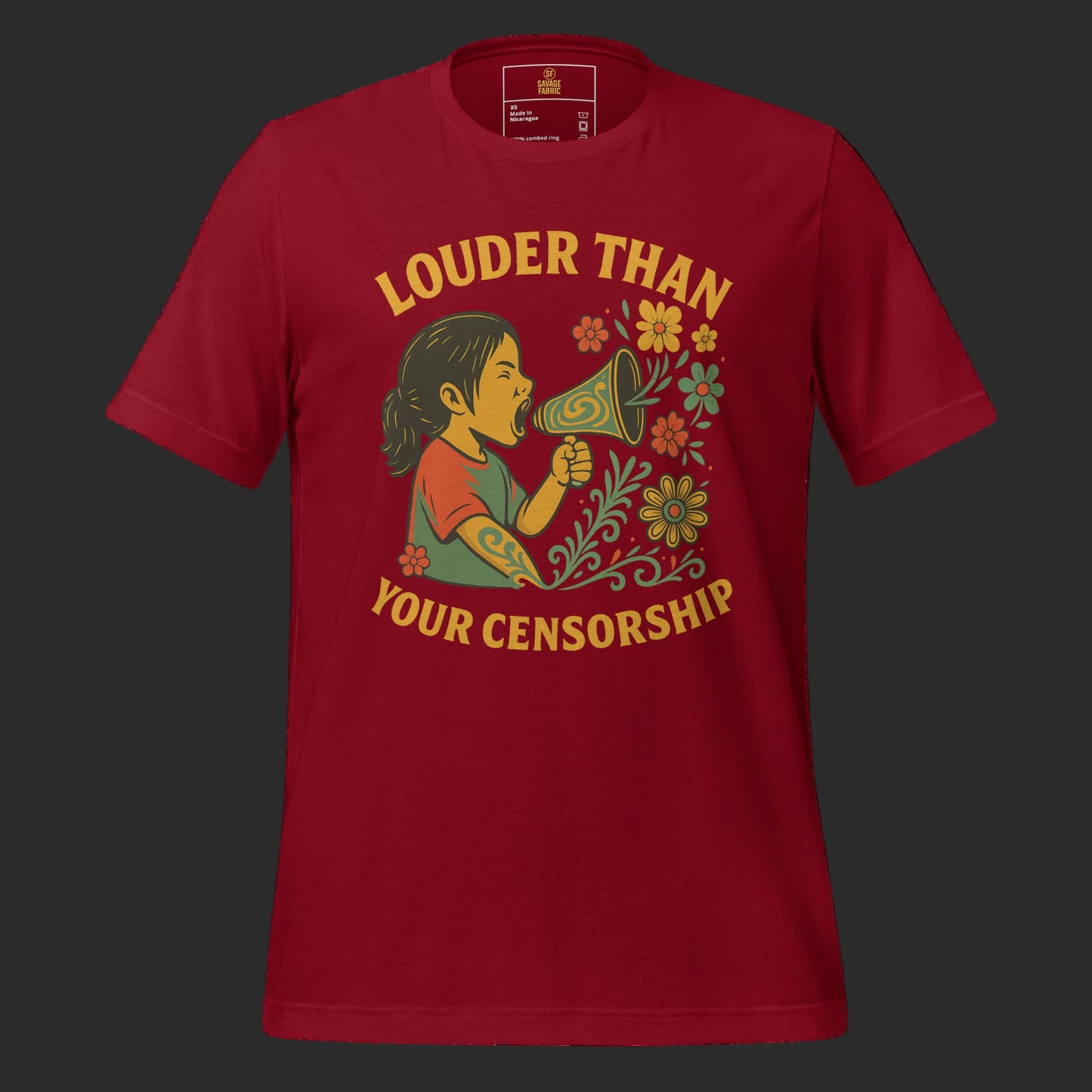 Cardinal red Louder Than Your Censorship t-shirt with statement design and protest slogan