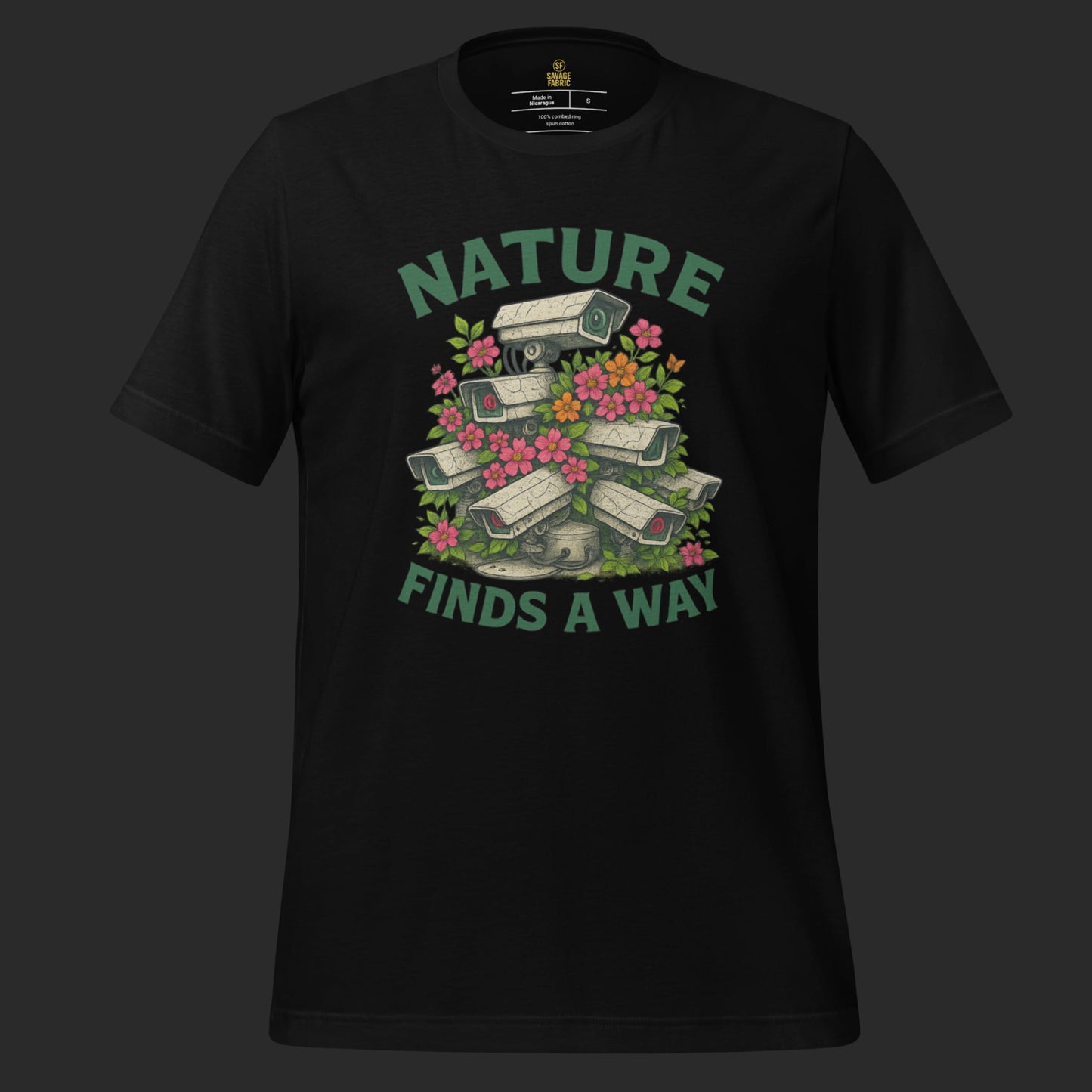 Black Nature Finds a Way t-shirt with eco protest design of flowers overtaking cameras