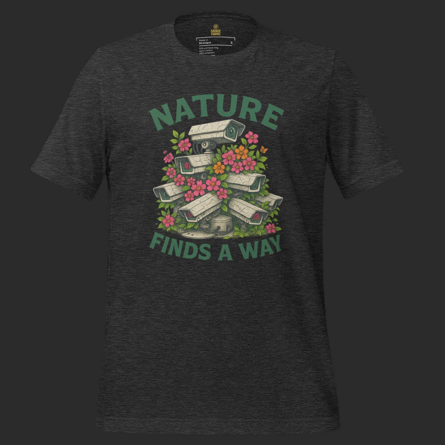 Dark heather Nature Finds a Way t-shirt with bold environmental protest message and artwork