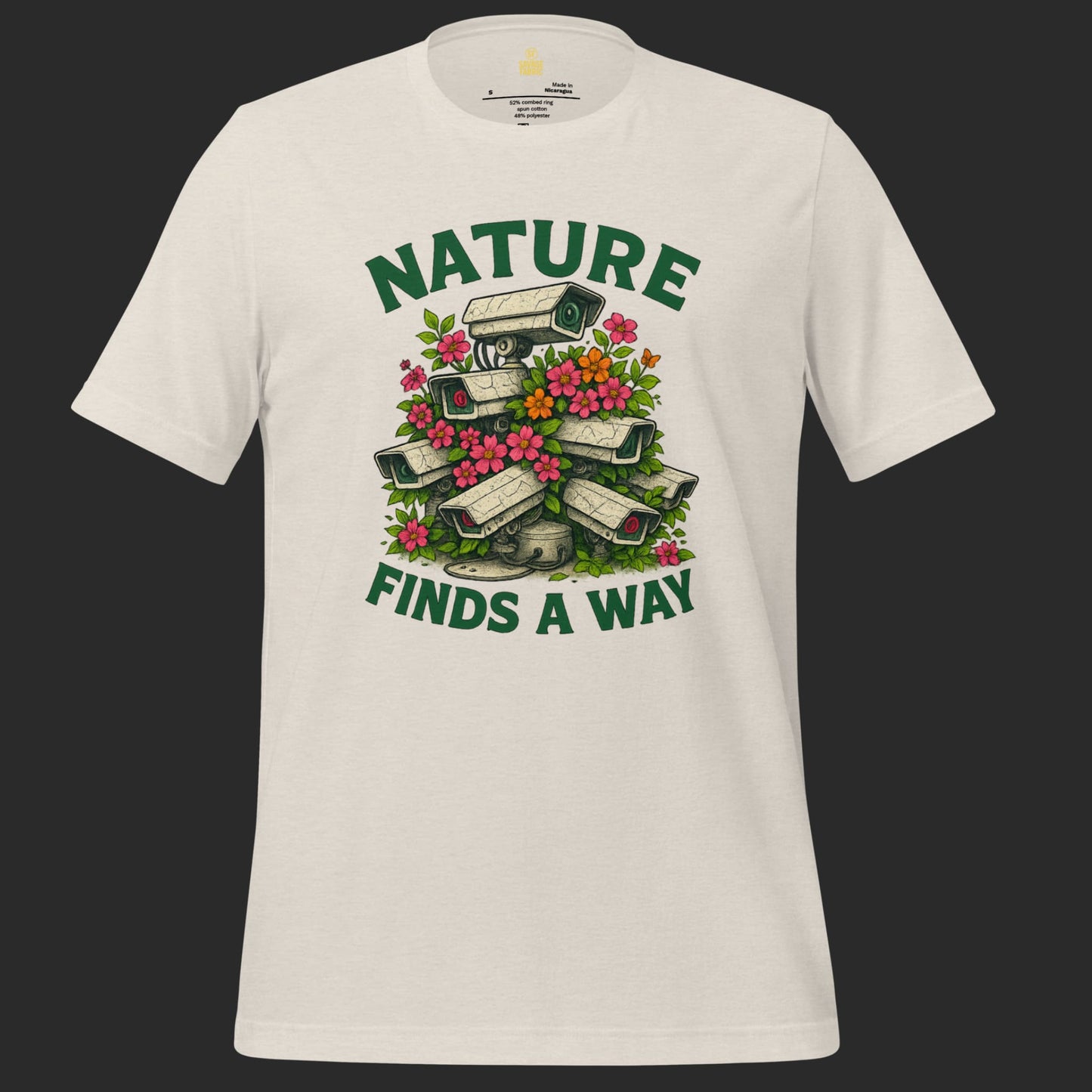 White Nature Finds a Way t-shirt with bold eco activism protest design featuring flowers and surveillance cameras