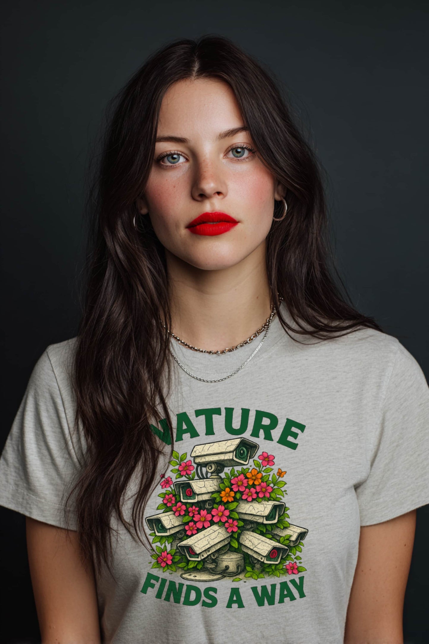 Woman wearing Nature Finds a Way t-shirt in white with floral protest artwork and green slogan