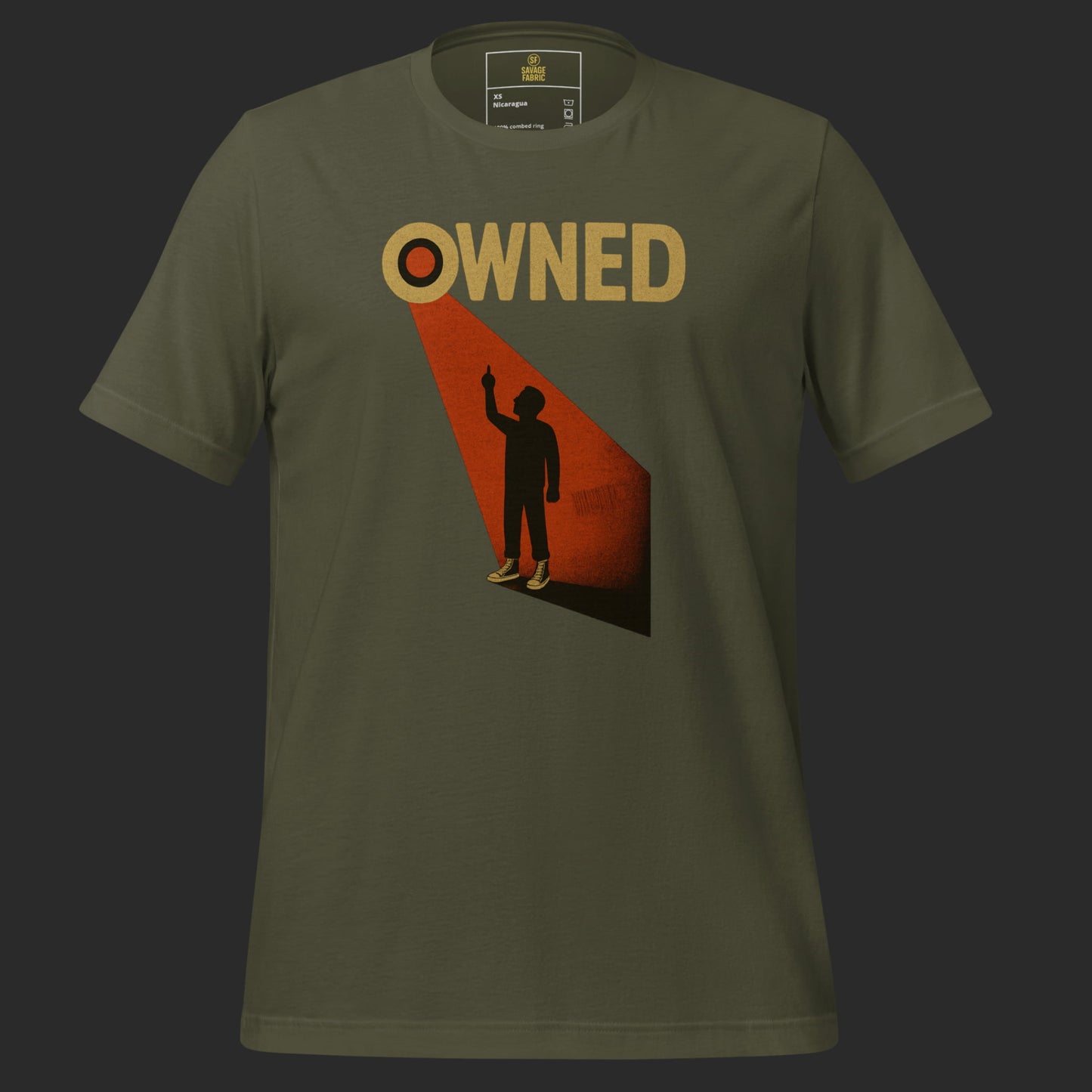 Military green Owned t-shirt with spotlight protest design and rebellious statement graphic