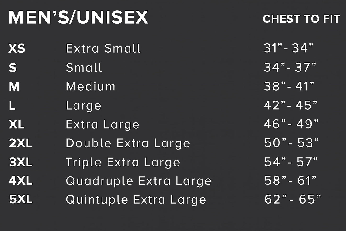 Men’s unisex t-shirt size guide showing measurements from small to 3XL for accurate fit.