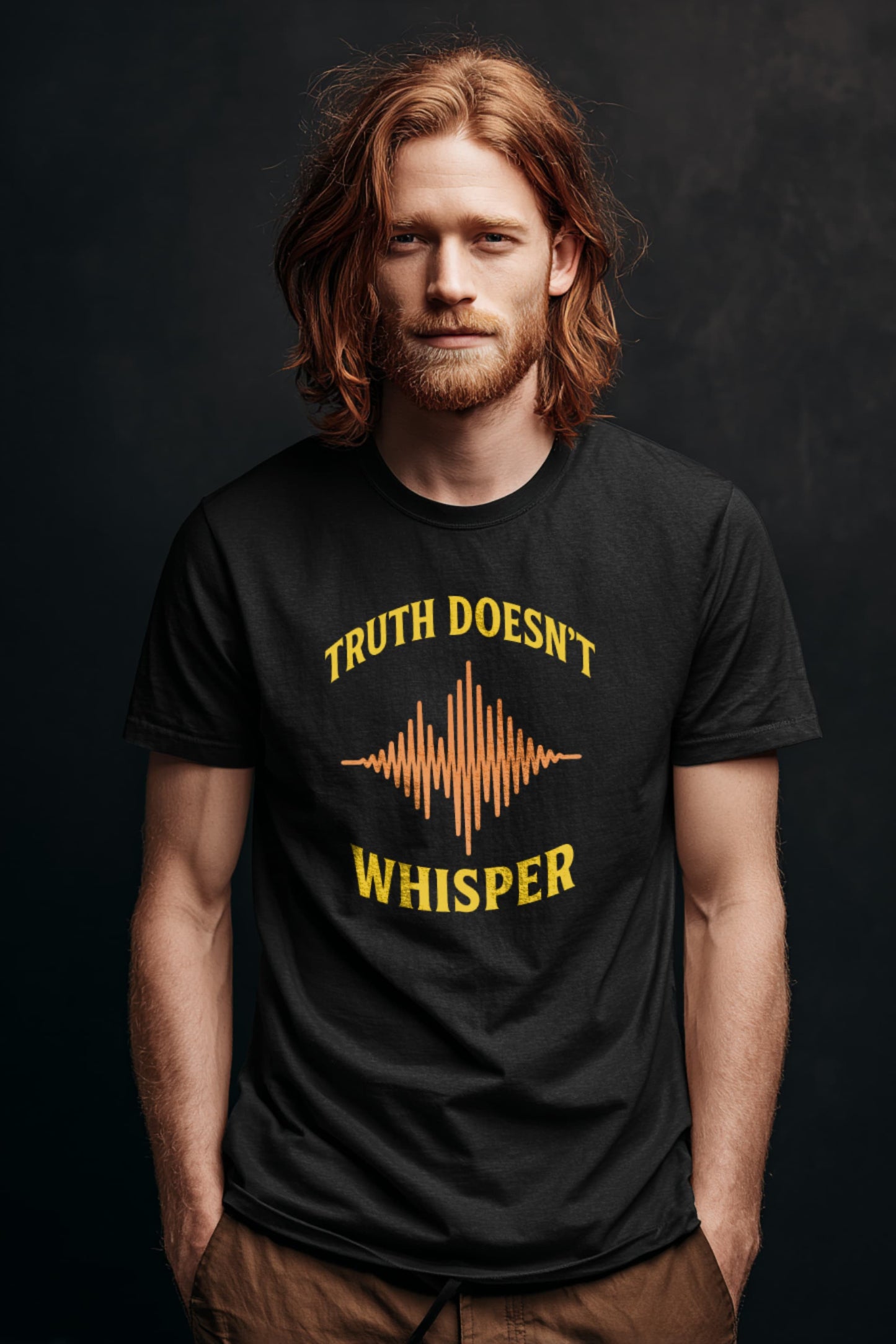 Male model wearing Truth Doesn’t Whisper t-shirt in black with gold soundwave design