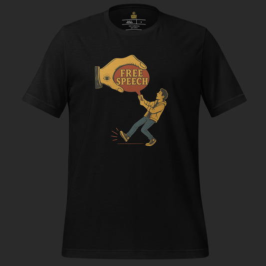 Black t-shirt with bold Free Speech graphic design, showing a hand tugging at speech while a figure pulls back.