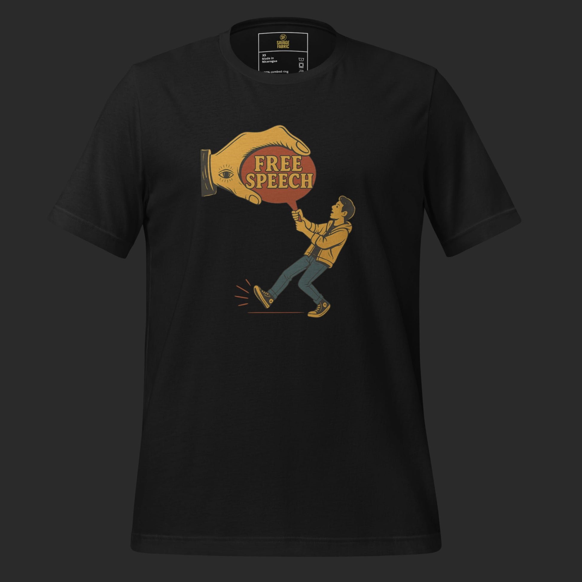 Black studio mockup of Free Speech graphic t-shirt, bold activist design centered on chest.