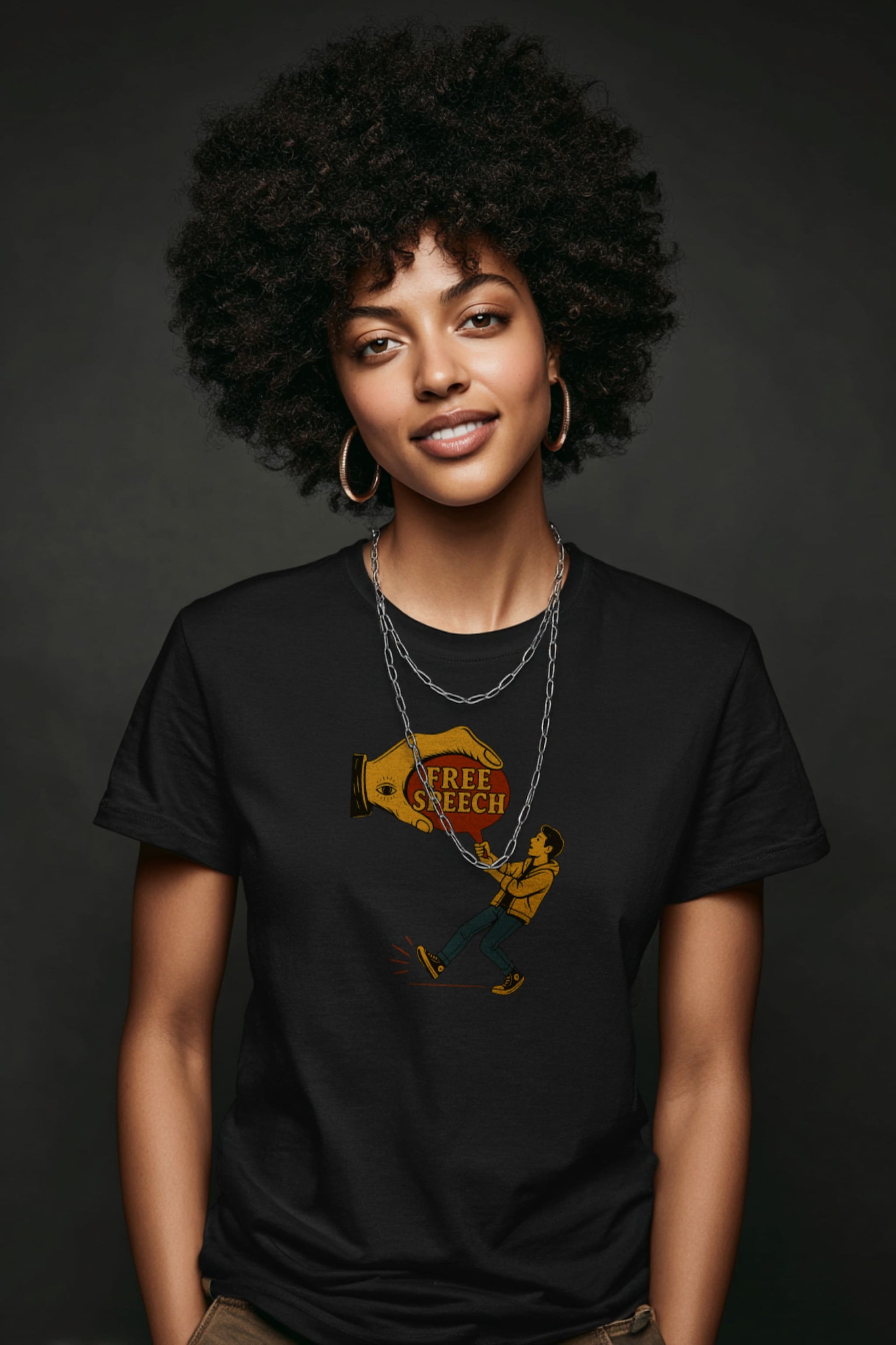 Smiling woman with natural afro wearing Free Speech graphic t-shirt, styled as casual activist streetwear.