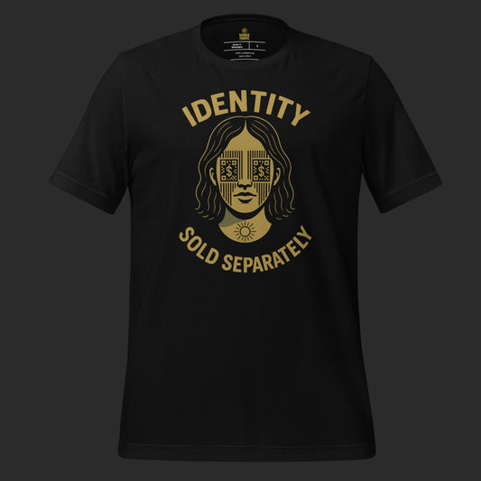 Black Identity Sold Separately t-shirt with female protest design and bold gold graphic