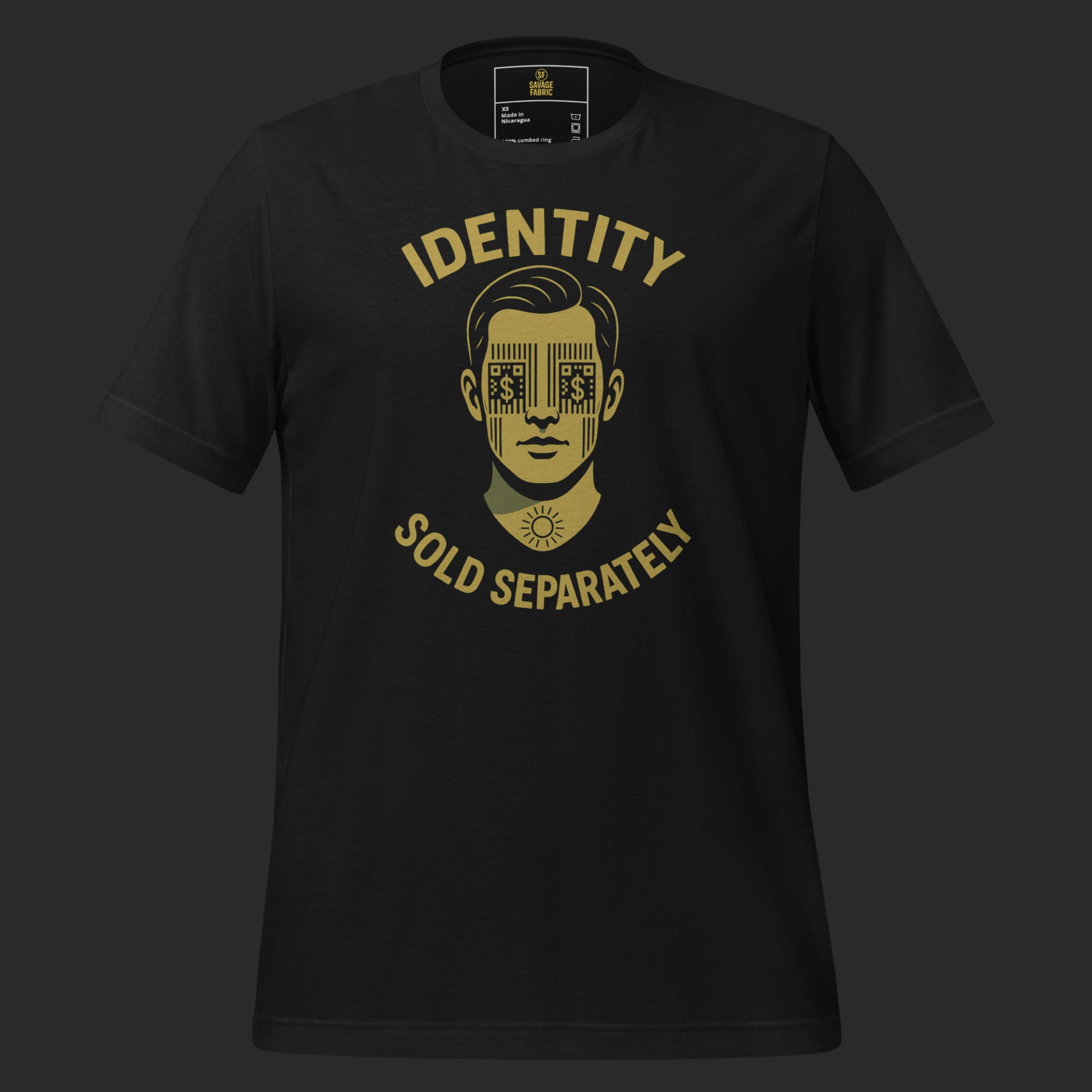 Dark grey Identity Sold Separately t-shirt with bold anti-surveillance statement graphic