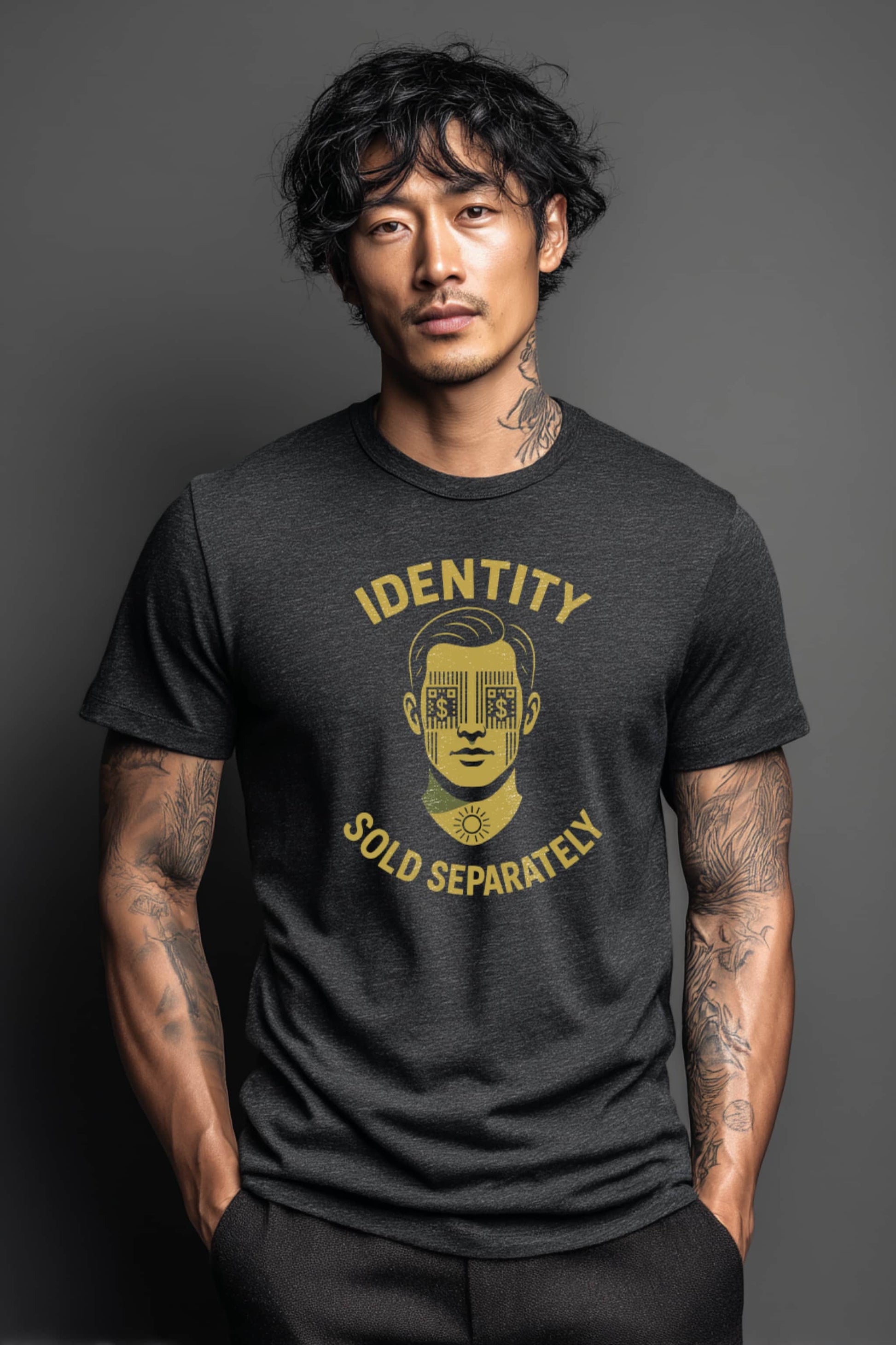 Man wearing Identity Sold Separately t-shirt in dark grey with barcode identity protest artwork