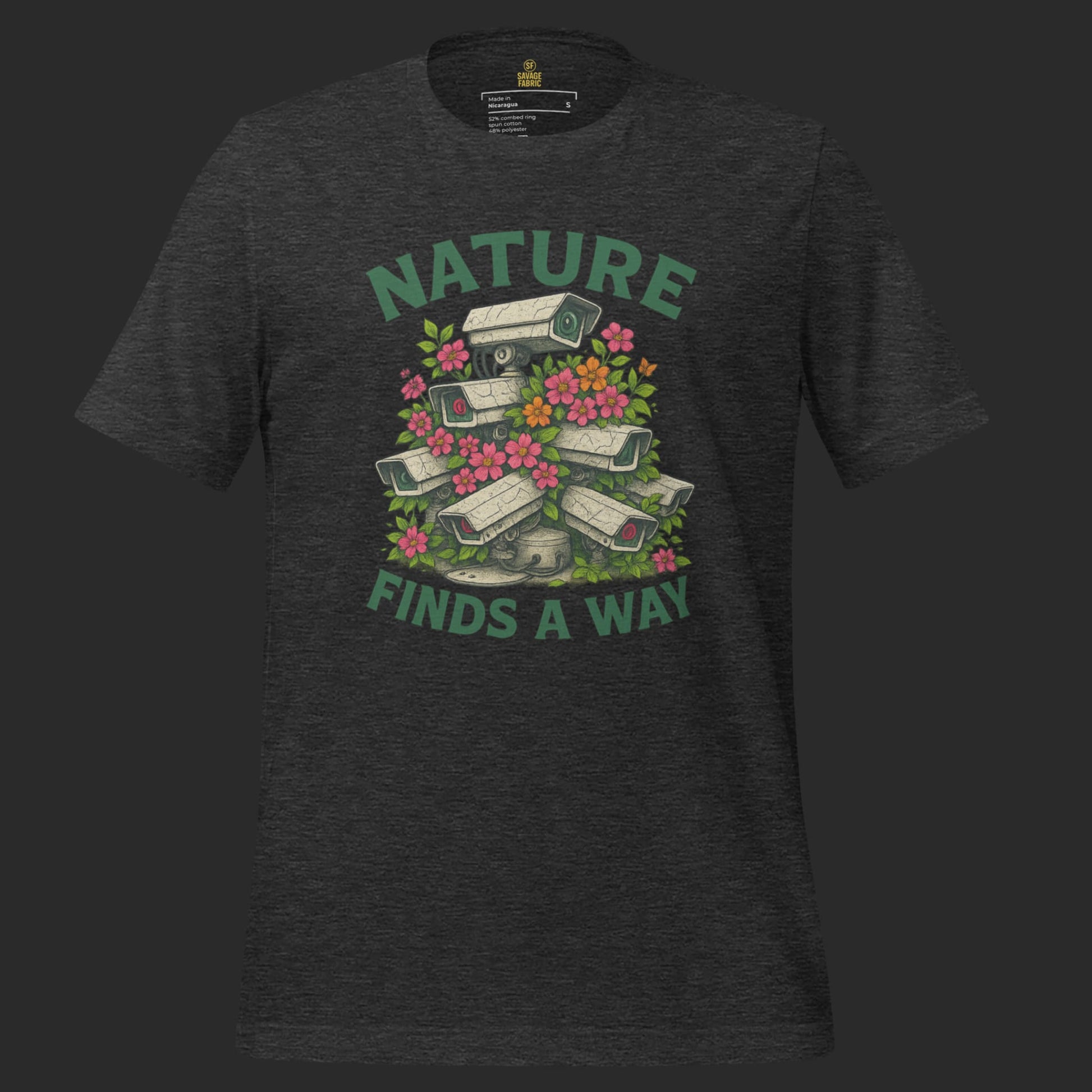 Dark heather Nature Finds a Way t-shirt with bold environmental protest message and artwork