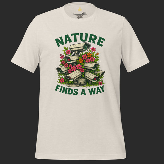 White Nature Finds a Way t-shirt with bold eco activism protest design featuring flowers and surveillance cameras