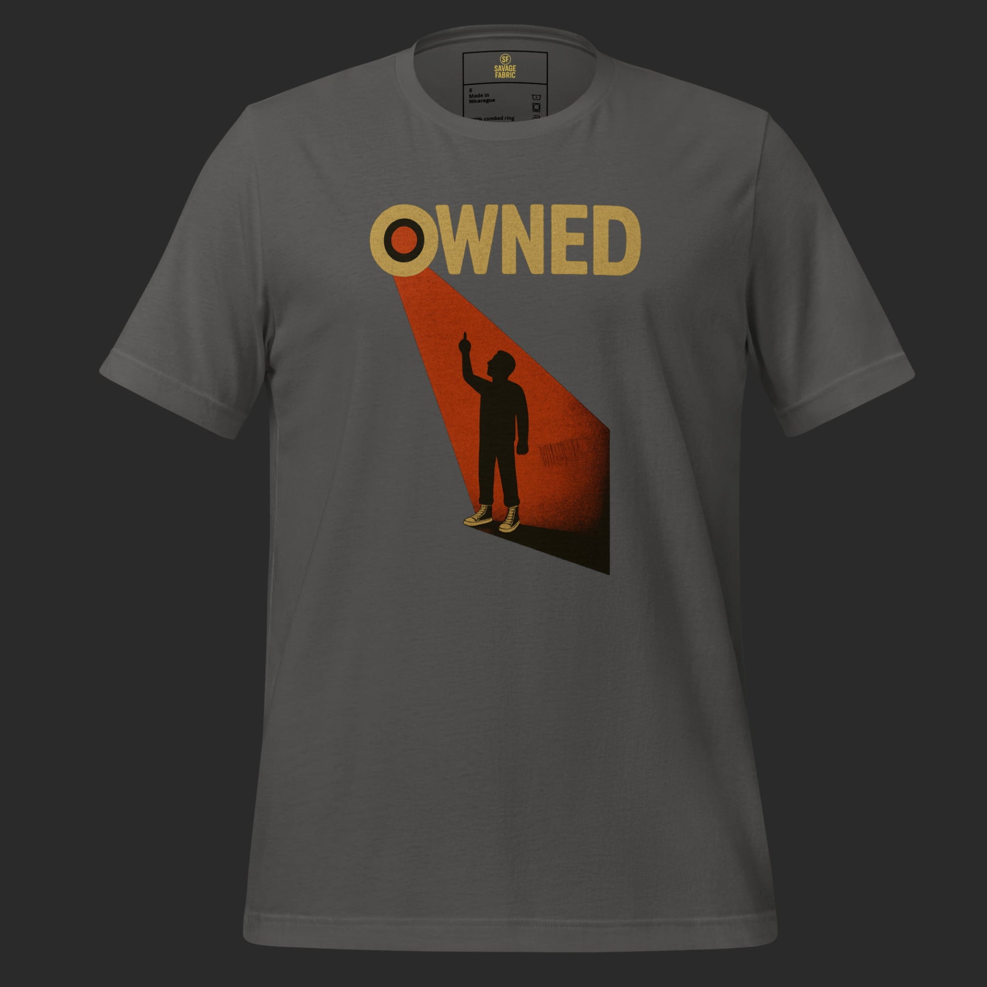 Black Owned t-shirt with protest design of spotlight on figure flipping the finger