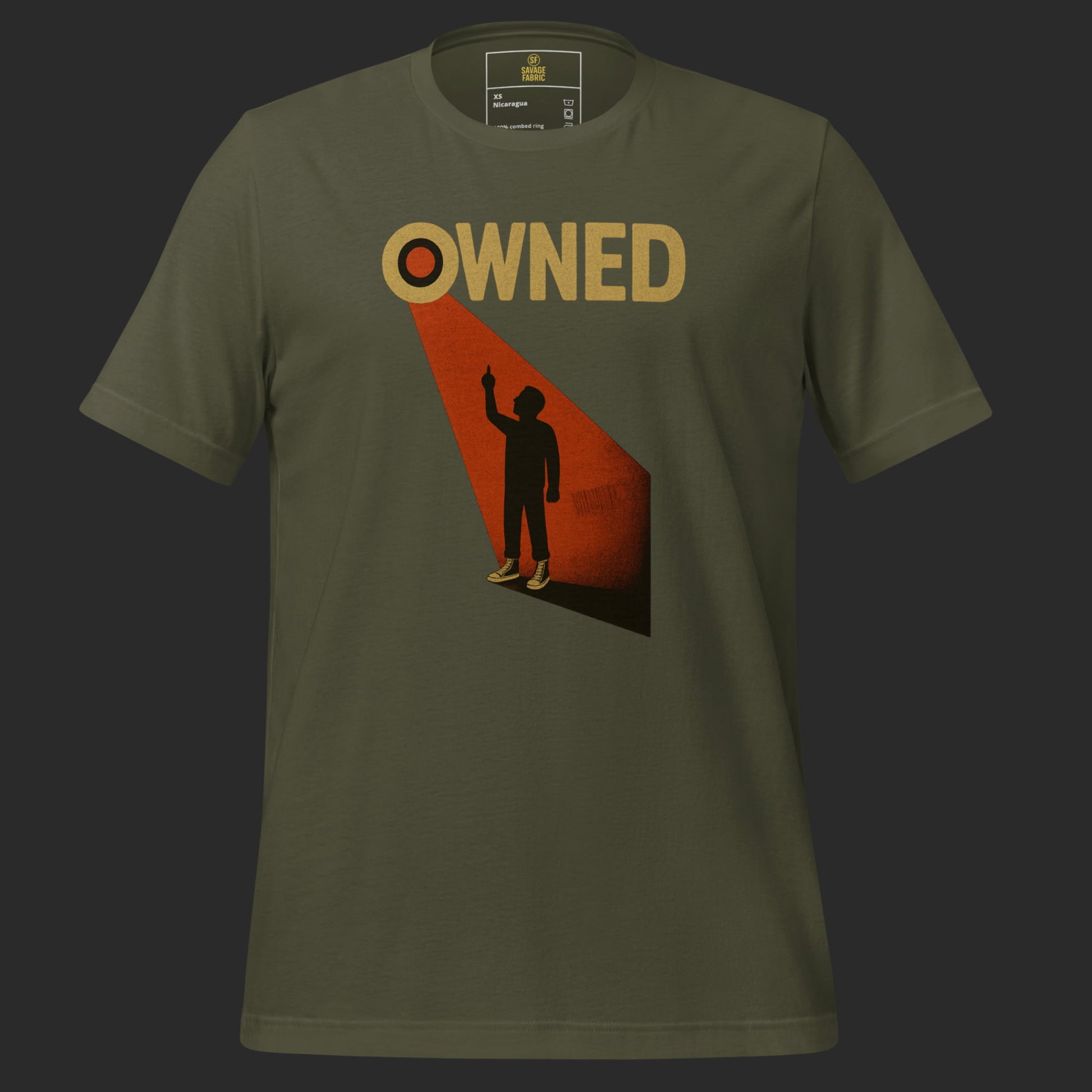 Military green Owned t-shirt with spotlight protest design and rebellious statement graphic
