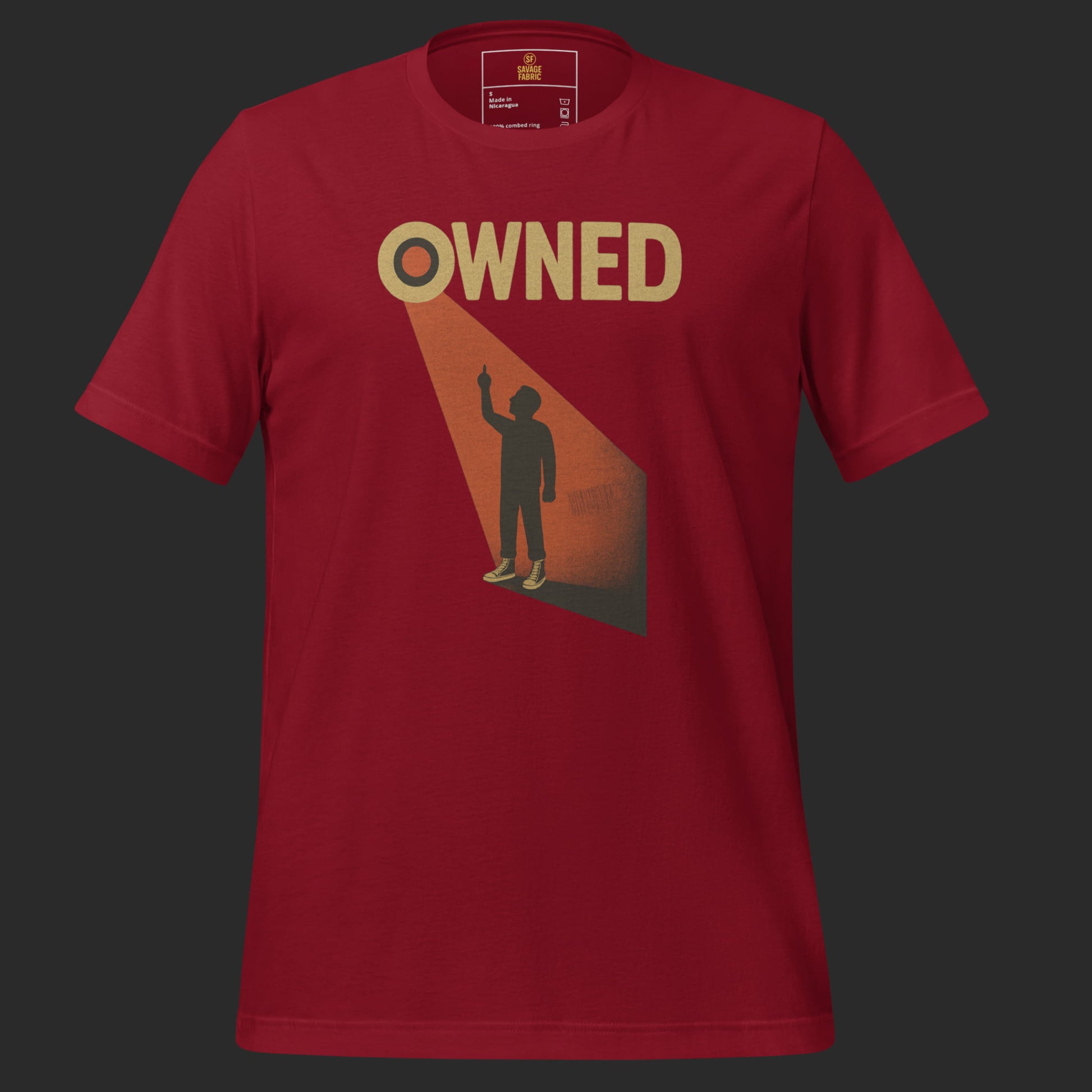 Red Owned t-shirt with bold protest artwork and anti-surveillance slogan