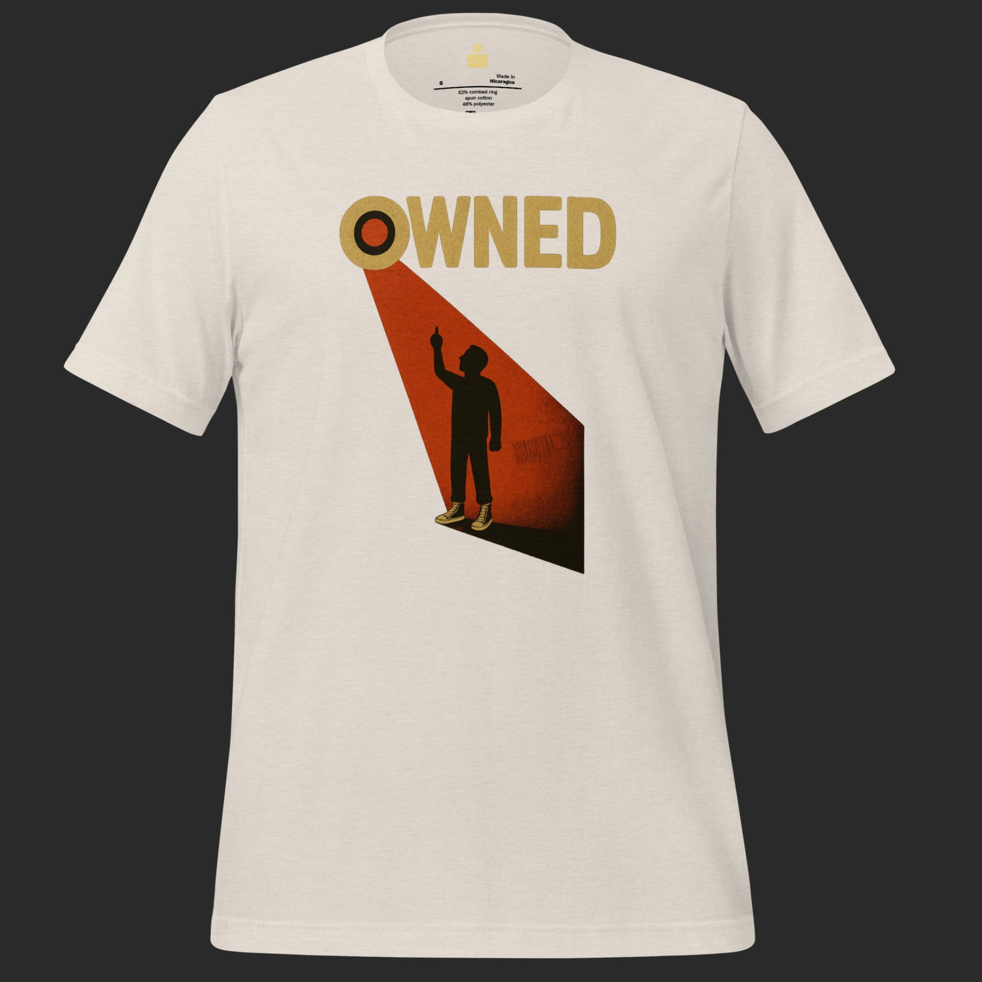 White Owned t-shirt with bold protest design showing figure under surveillance spotlight flipping the finger