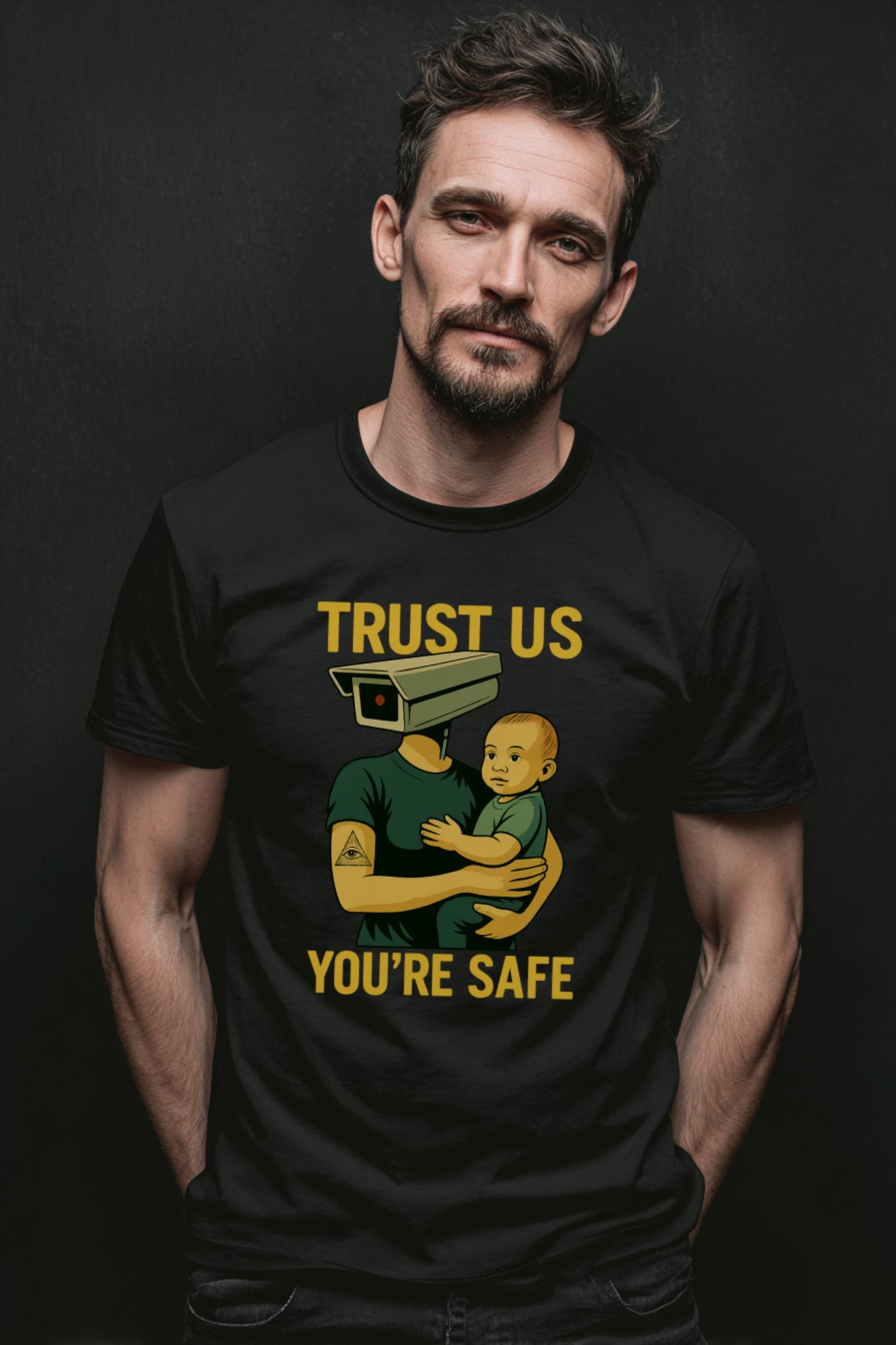 Man wearing Trust Us You’re Safe t-shirt in black with bold anti-surveillance protest slogan