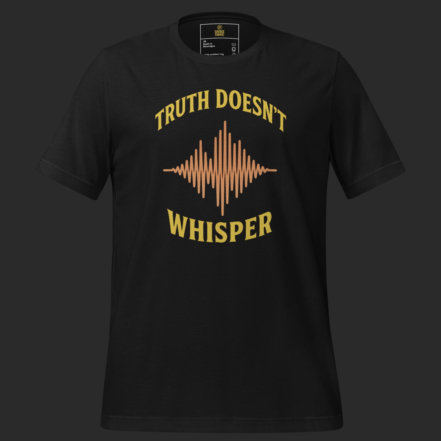 Truth Doesn’t Whisper t-shirt variant in black showing bold slogan and wave graphic