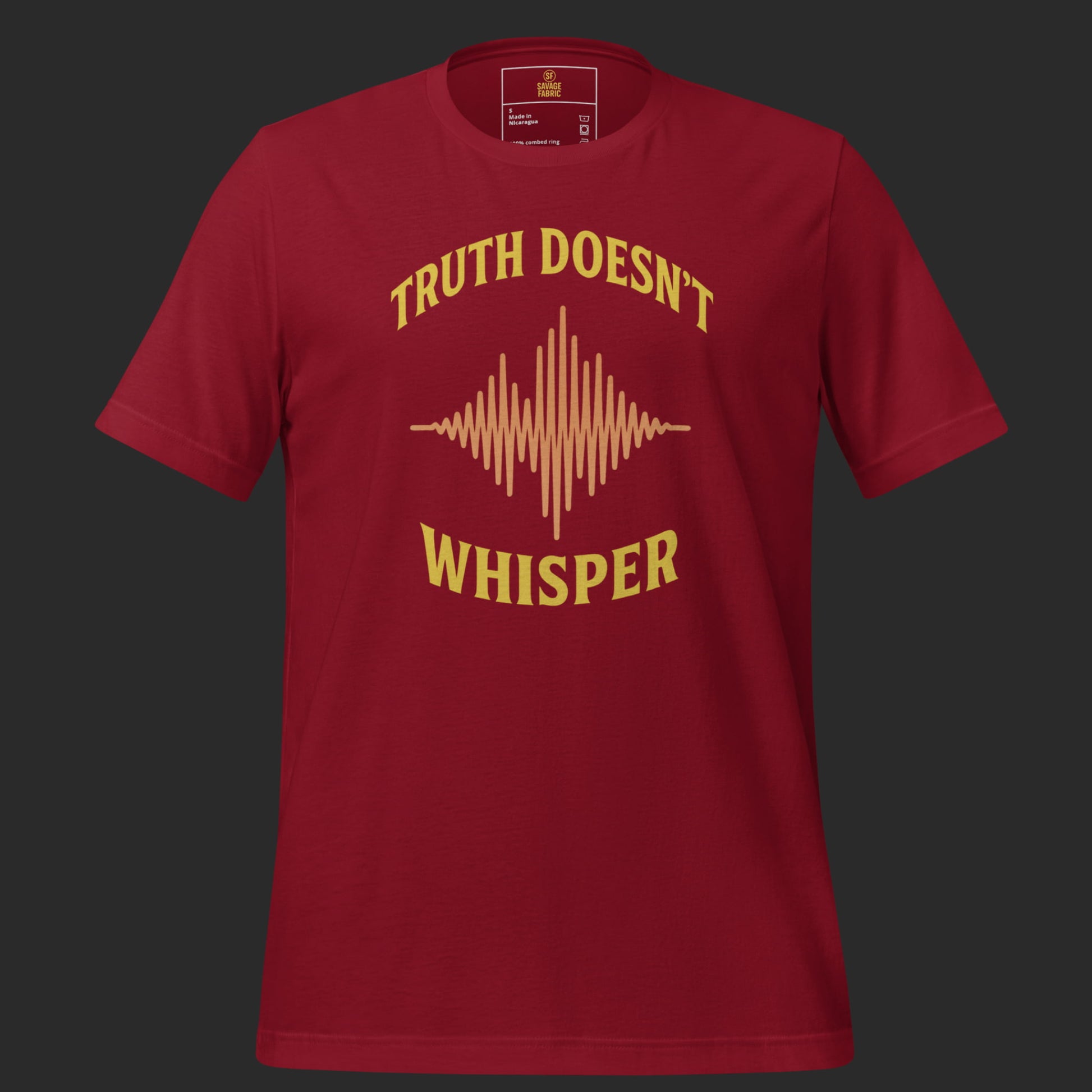 Truth Doesn’t Whisper graphic t-shirt in bold red with gold soundwave design