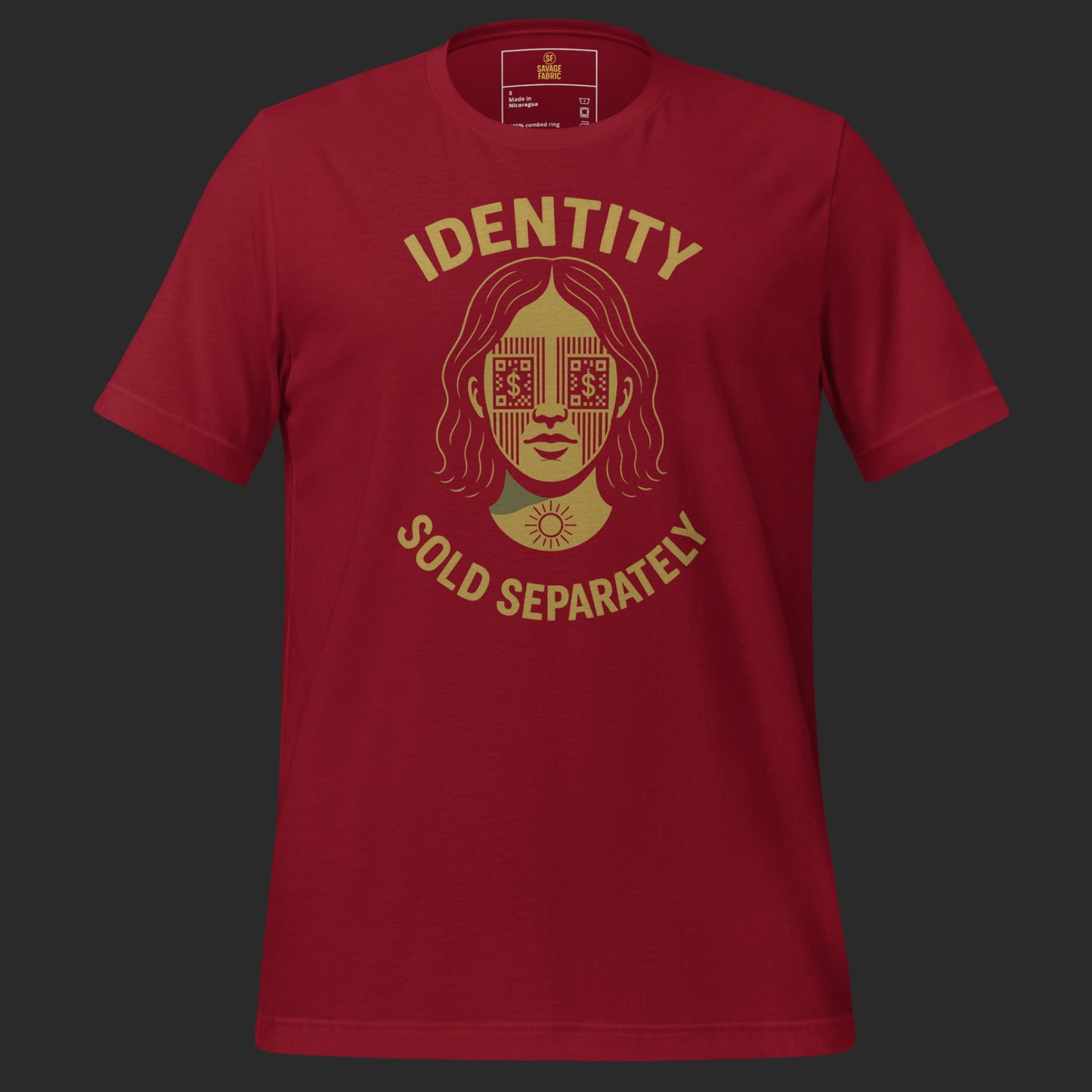Cardinal red Identity Sold Separately t-shirt with bold protest slogan and female graphic design
