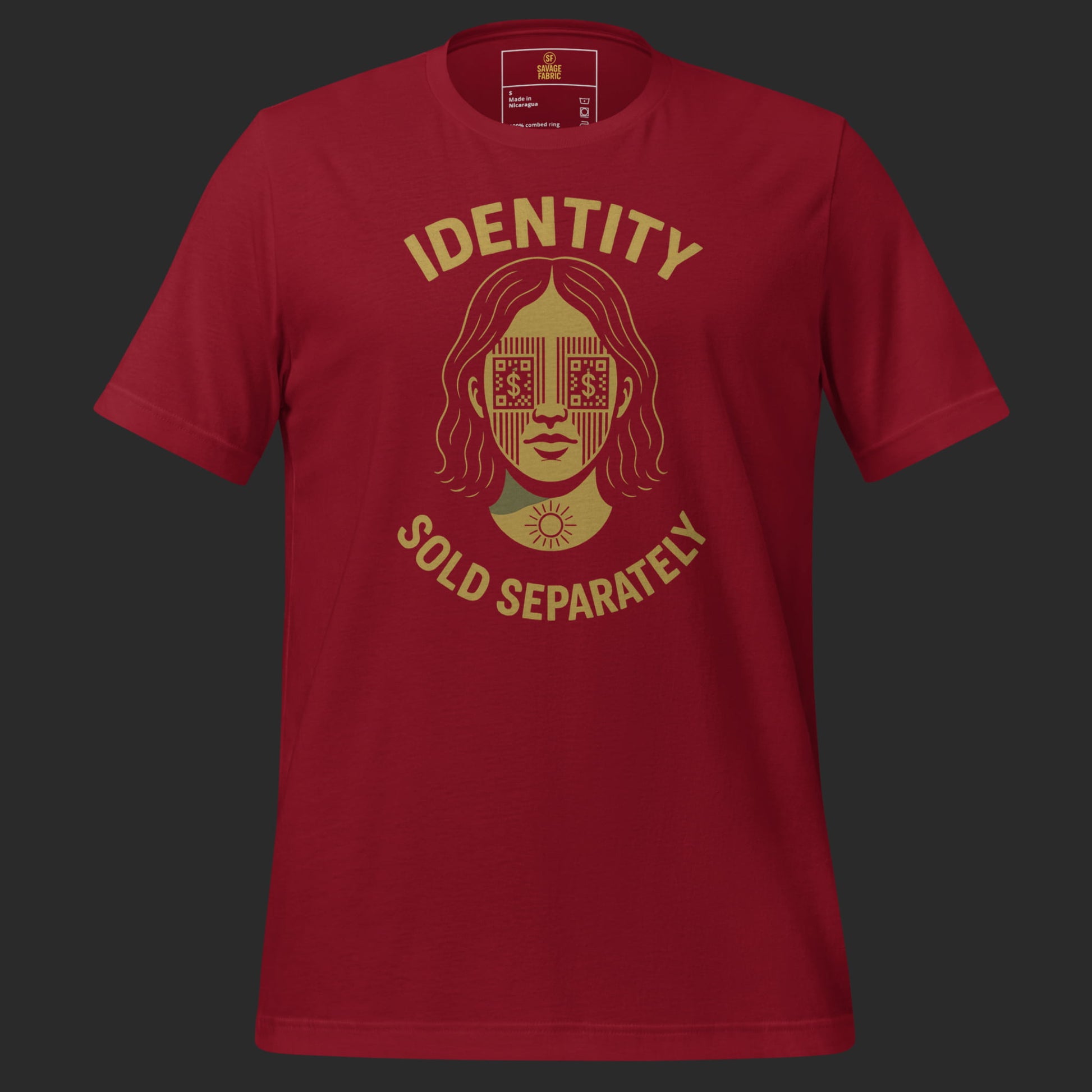 Cardinal red Identity Sold Separately t-shirt with bold protest slogan and female graphic design