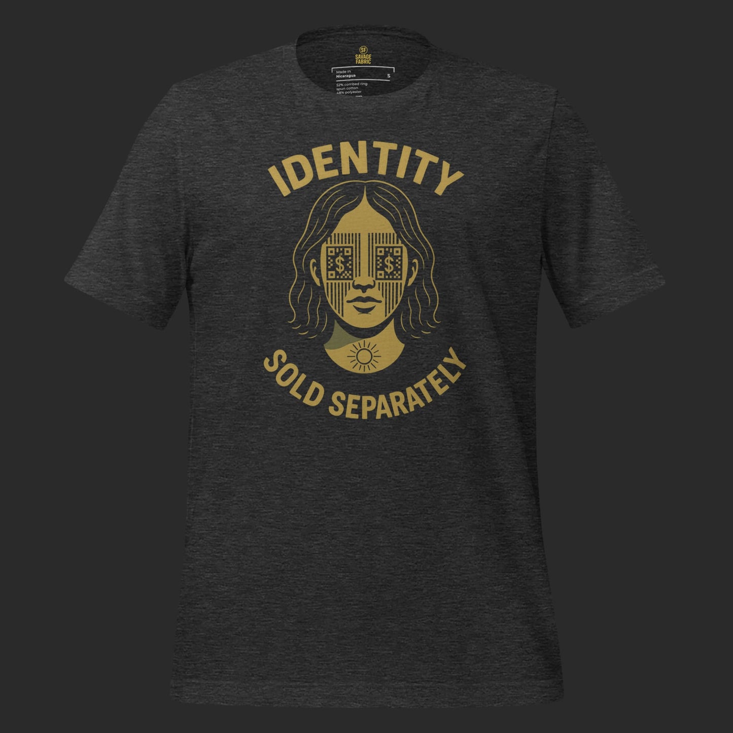 Dark grey Identity Sold Separately t-shirt with bold anti-surveillance statement graphic