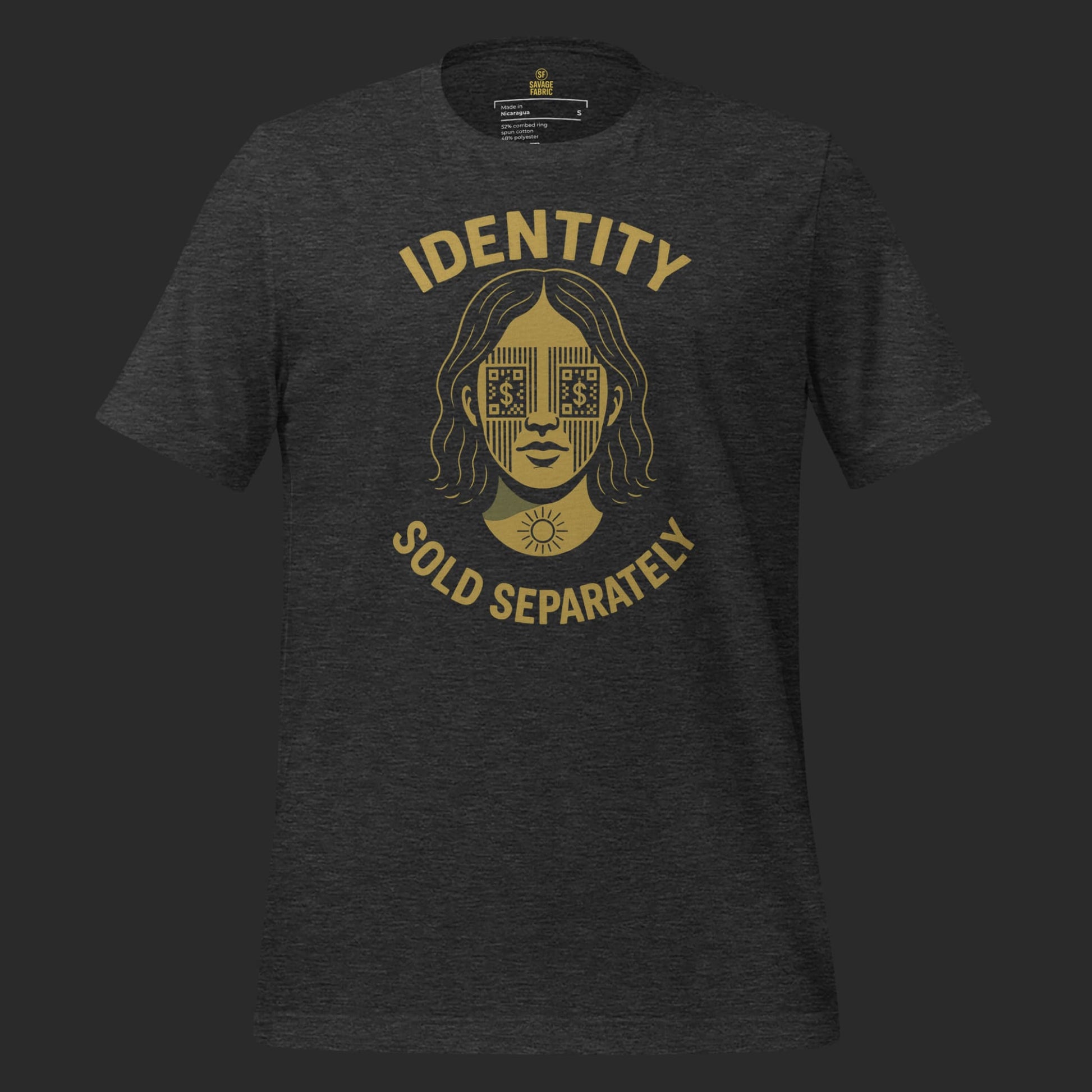 Dark grey Identity Sold Separately t-shirt with bold anti-surveillance statement graphic