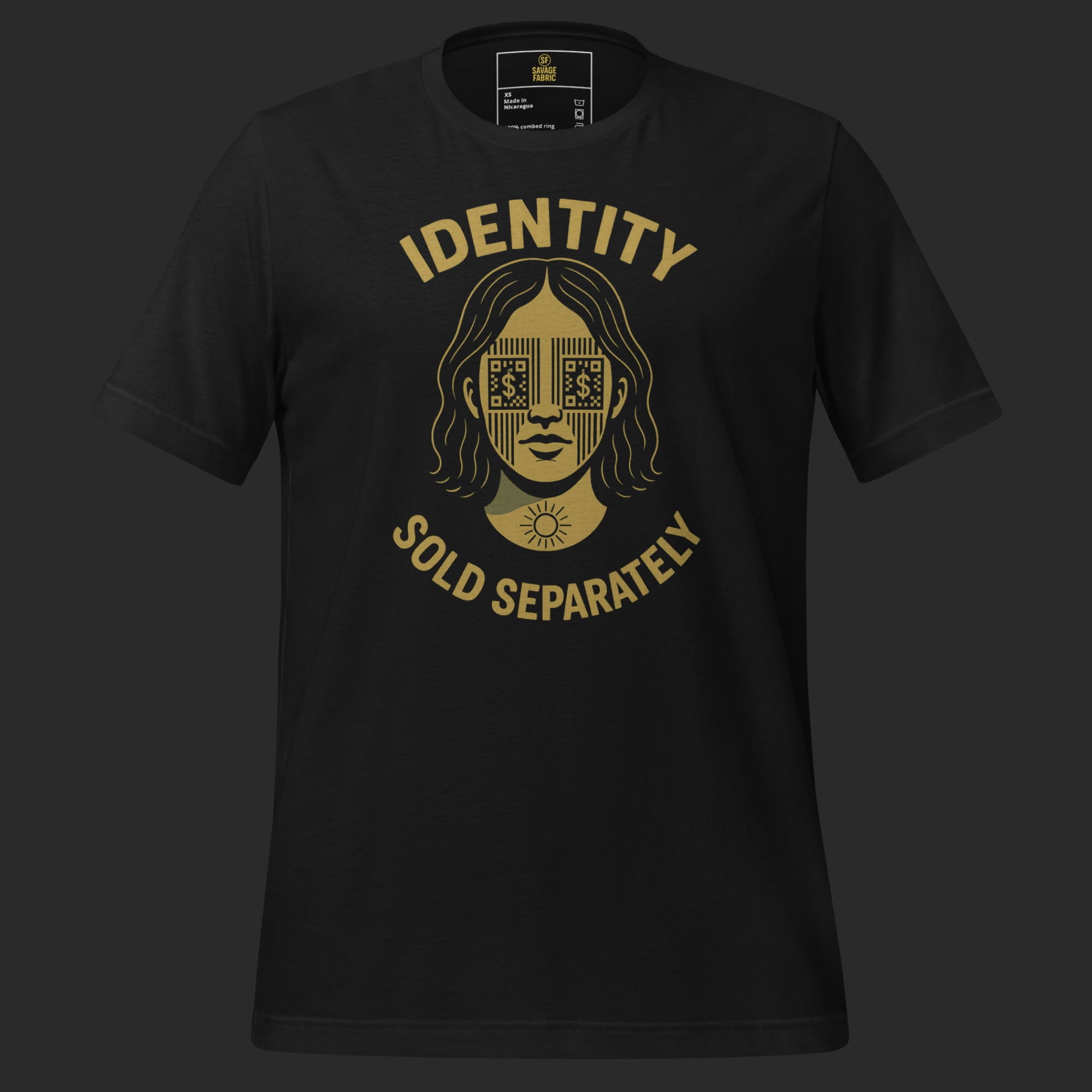 Vintage black Identity Sold Separately t-shirt with bold activist protest design