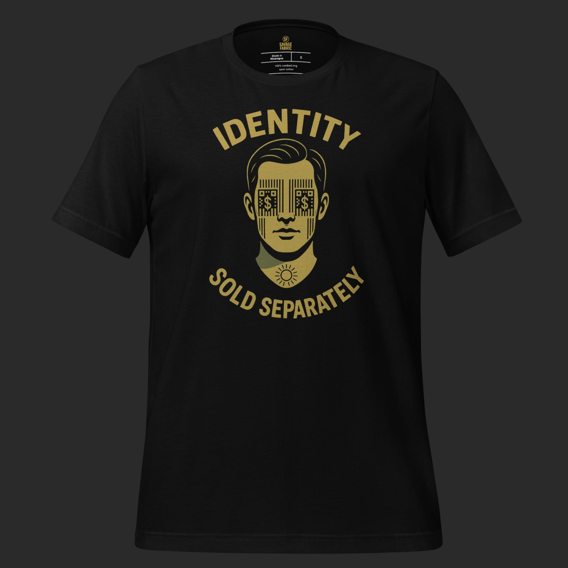 Black Identity Sold Separately t-shirt with barcode protest design and bold slogan