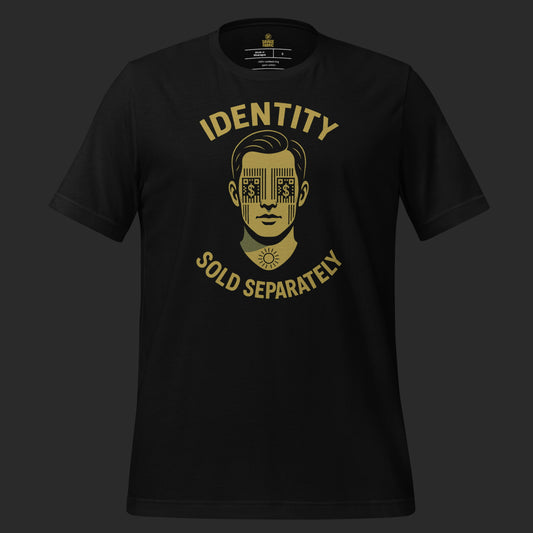 Black Identity Sold Separately t-shirt with barcode protest design and bold slogan