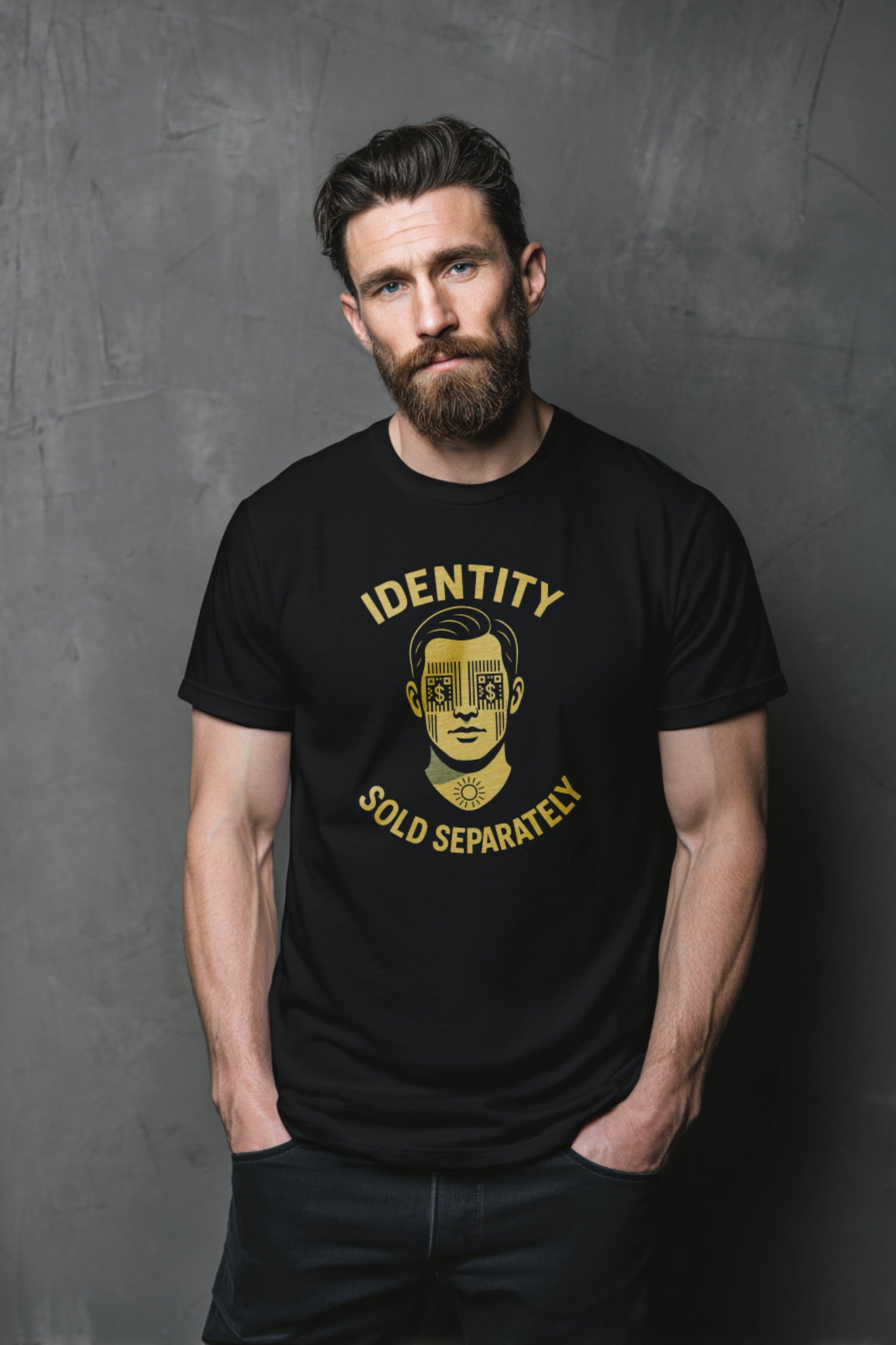 Man wearing Identity Sold Separately t-shirt in black with bold anti-surveillance protest design