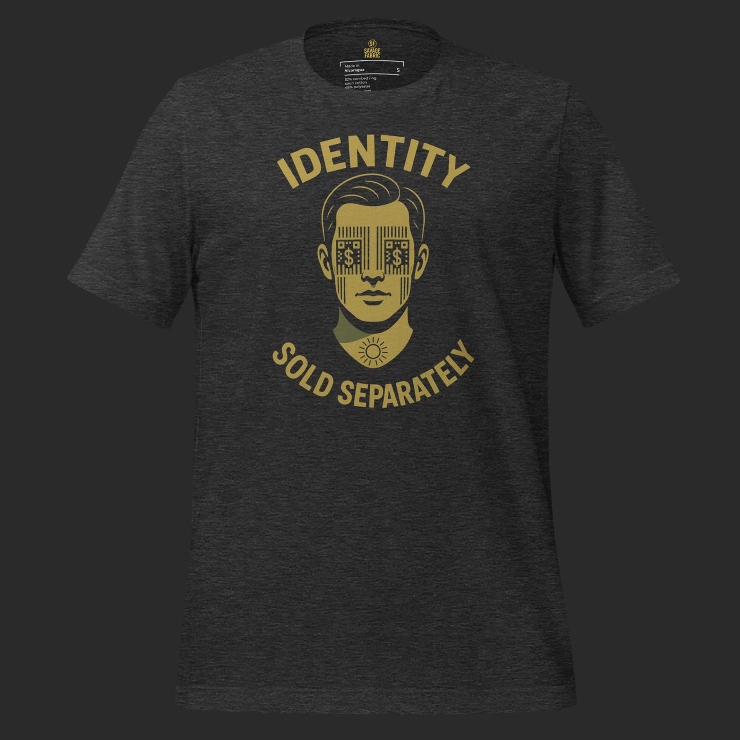 Dark grey Identity Sold Separately t-shirt with bold anti-surveillance statement graphic