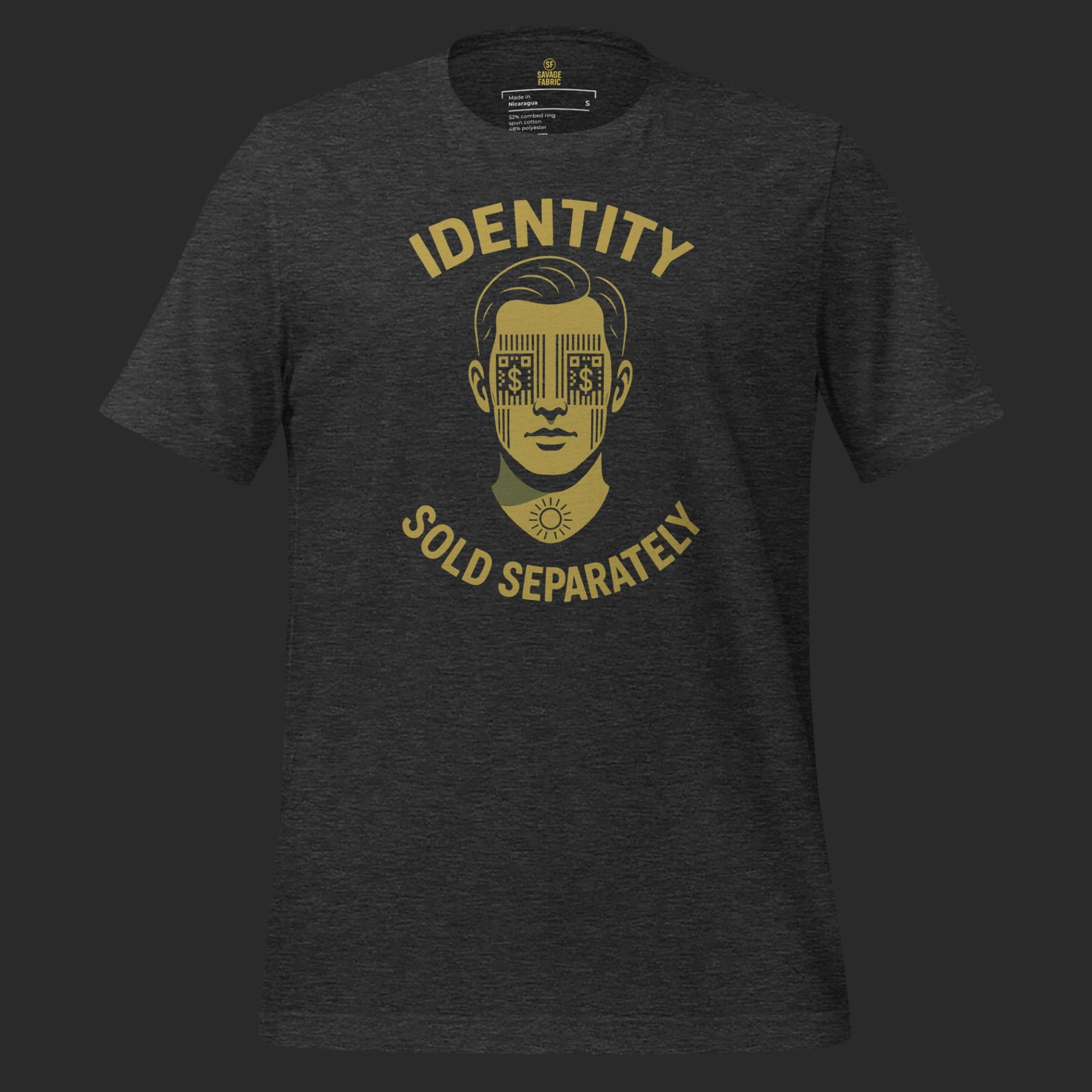 Dark grey Identity Sold Separately t-shirt with bold anti-surveillance statement graphic